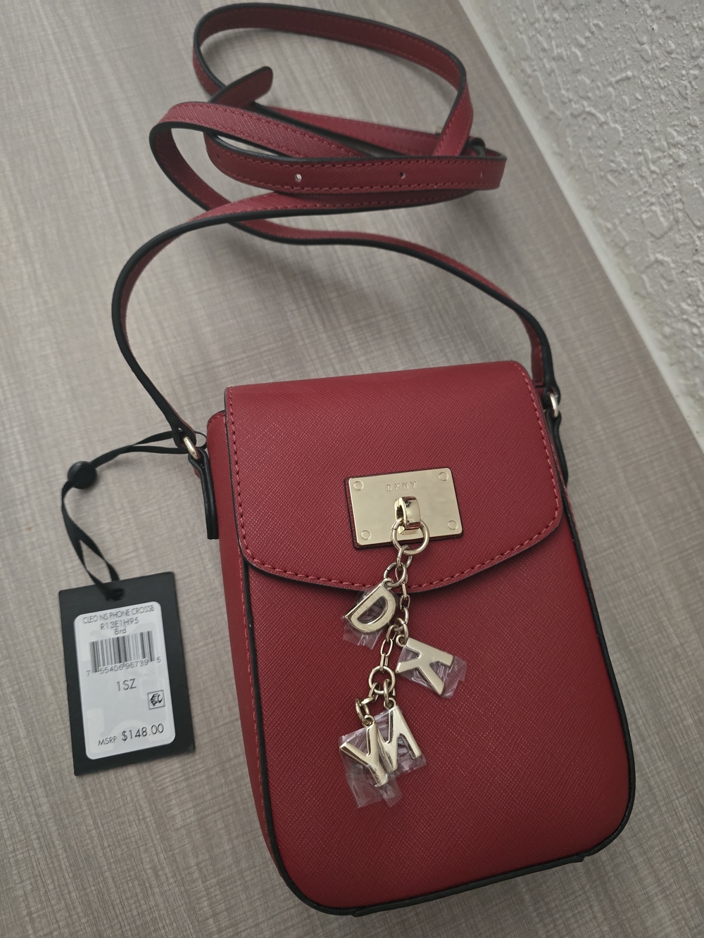 DKNY Cleo NS Phone Crossbody Bag Red Saffiano Leather Gold Tone Hardware NWT